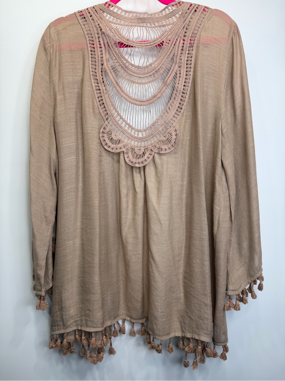 Do Everything In Love Mocha Boho Crochet Back Tassel Kimono Cardigan - Picture 8 of 11
